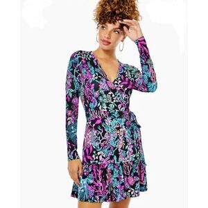 Lilly Pulitzer Misha Romper‎ Wrap Dress Long Sleeve Black Coral Reef Floral Sz S